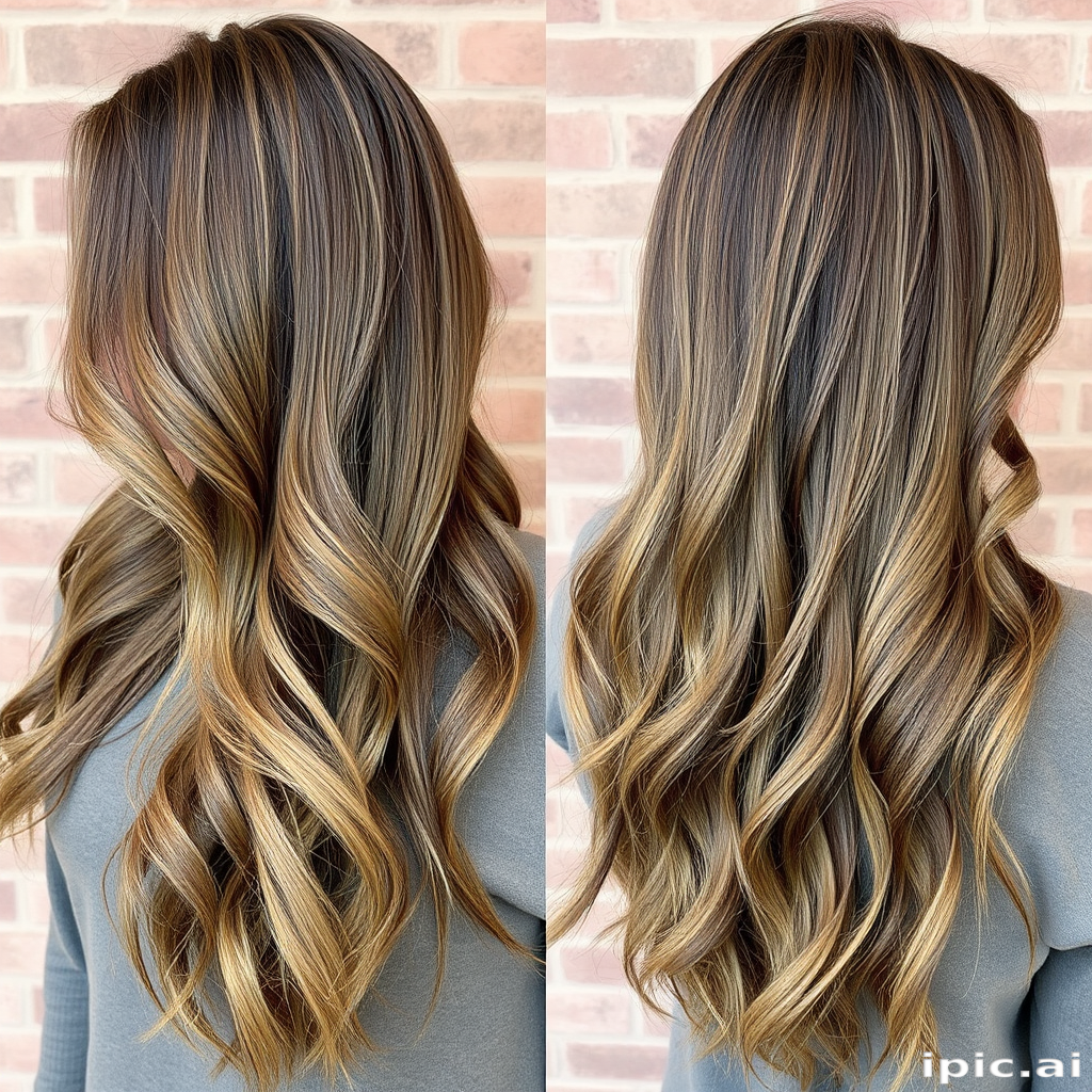 Nature-inspired hair style exhibiting a long layered cut with earthy tones of moss green and bark brown in a balayage technique