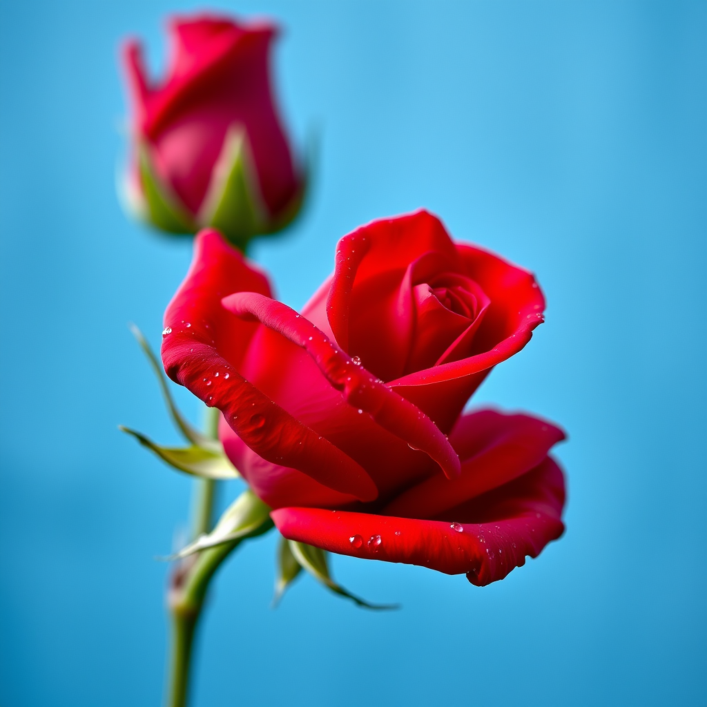 close-up of a blooming red rose with dewdrops against a soft blue background, taken with a Canon EOS R5, 85mm lens, f/1.8 aperture, ISO 100, natural light, shallow depth of field, vibrant colors