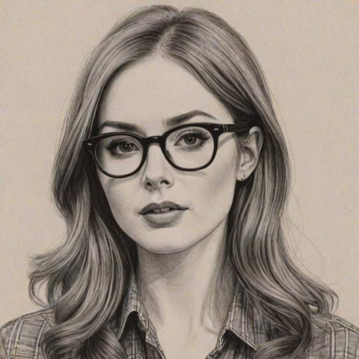 Alluring Karen Gillan, pencil sketch, portrait of Pleasing woman 1968s in glasses, hair style beatnik, outline, clear lines, fine lines, 8k