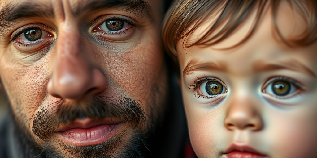 Capture a close-up portrait of a man with a beard and a child with expressive eyes, using a shallow depth of field to blur the background and highlight the subjects, set with a Canon EOS R5, 50mm lens, aperture f/1.8, ISO 200, 1/200 sec, natural light.