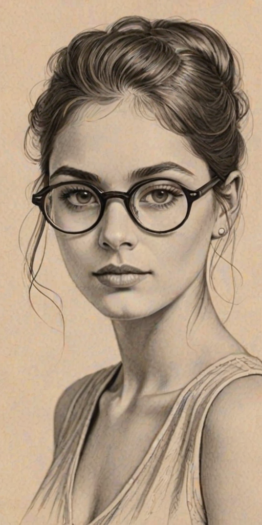 Delightful Lorenza Izzo, pencil sketch, portrait of Stunning woman 1928s in glasses, hair style beatnik, outline, clear lines, fine lines, 8k