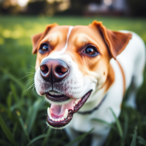 A close-up portrait of a brown and white dog with lush green grass in the background, natural lighting, shallow depth of field, ISO 100, aperture f/2.8, 85mm lens, DSLR camera.