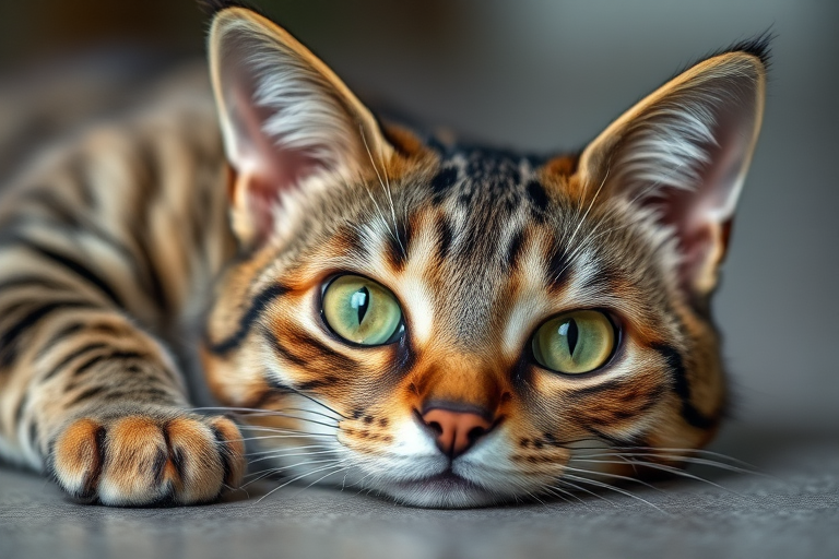 Close-up shot of a tabby cat lying on the ground with vibrant green eyes, high contrast lighting that highlights the textures of its fur, camera settings: f/2.8 aperture, 50mm lens, ISO 100, shutter speed 1/200s, soft focus background, DSLR camera type, studio lighting style.