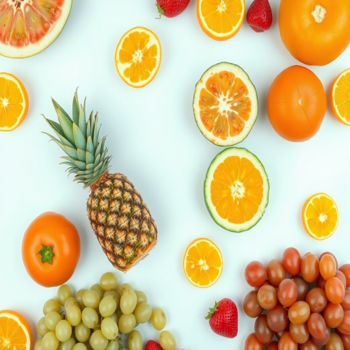 Create a vibrant illustration of assorted fruits including pineapple, watermelon, strawberries, oranges, and grapes on a bright background with high contrast, using a macro lens, f/2.8 aperture, ISO 100, natural lighting for enhanced detail, capturing a top-down view with a digital camera.