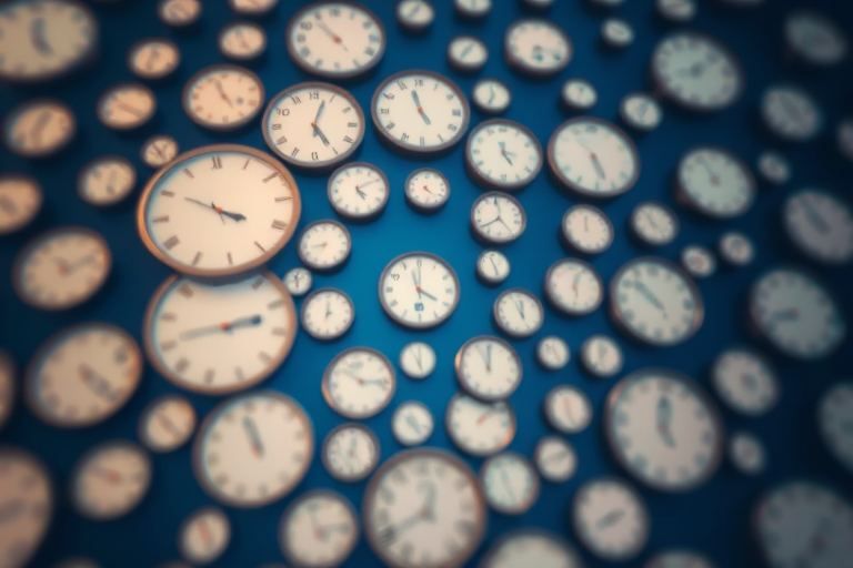 create an abstract image featuring a multitude of clock faces submerged in a blue background, captured with a Canon EOS R5 at f/8, ISO 100, 1/250s, wide-angle lens, shot from a high angle for depth and texture enhancement