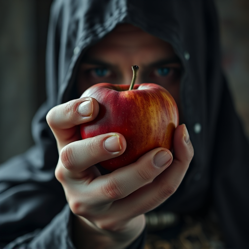detailed edges, detailed image, perfection style, A cinematic detailed image of a creepy wicked person in a medieval costume holding an apple up in front of camera with creepy hand, movie themed, sharp, detailed background, epic cinematic photography, artistic style, dramatic light style, cinematic color style, Kodak 35mm film style, detailed style, hand focus style, solo, looking at viewer, 1boy, holding, male focus, food, hood, fingernails, fruit, holding food, realistic, apple, old, holding fruit, portrait