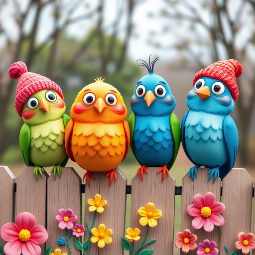 create a scene of 4 quirky  whimsical colourful comical birds each with a funny expression. they are sat on a wooden fence with colourful flowers. they are all different sizes. each one is a different colour  one is wearing a woolly hat. Each one has a different quirky google expression and there is a muted background of trees watercolour paintierly style high definition 8k resolution 3D paper mache
