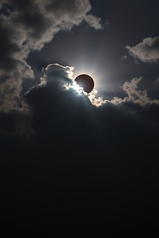Capture a dramatic landscape featuring a total solar eclipse with dark clouds and rays of light emerging from behind the moon, using a DSLR camera, 24mm lens, aperture set to f/8, ISO 100, shot in manual mode with a tripod for stability, HDR technique for enhanced detail and dynamic range.