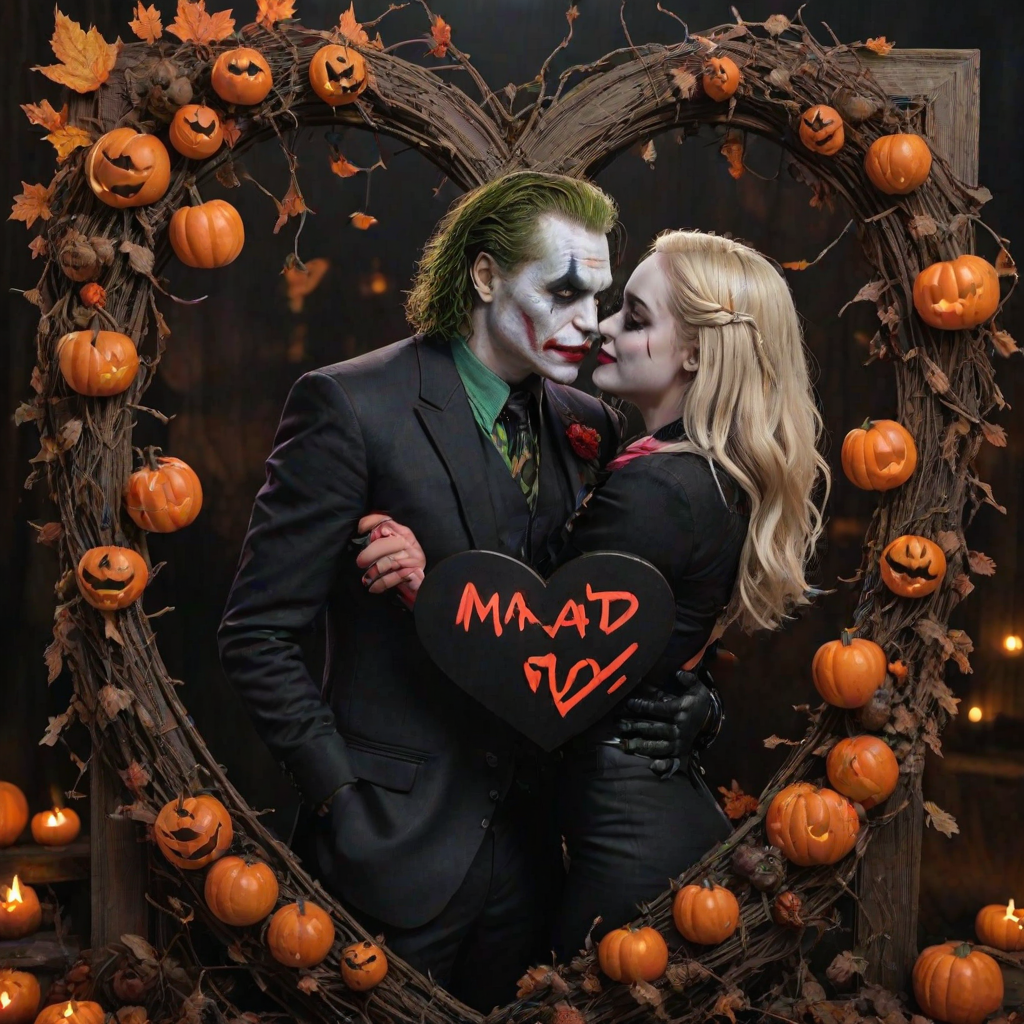 The Joker, neat, wearing a black suit and a beautiful Harley Quinn with long hair, both romantic, hugging and cuddling in the middle of a neon linen black heart frame decorated with dead leaves, bats, and small pumpkins, with a label at the bottom that reads 'Mad Love' made of linen, in a photo realistic style.