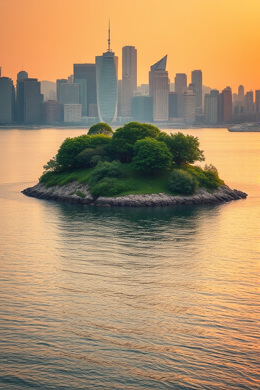 Capture a high-resolution image of a small island with lush greenery surrounded by calm water, featuring a modern city skyline in the background, golden hour lighting, using a DSLR camera with a 50mm lens, aperture set to f/8, ISO 100, shutter speed 1/200s, and a slight HDR effect.