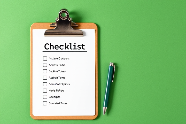 Create a high-resolution image of a checklist on a clipboard with a green circular background, using a Canon EOS R5 camera, 50mm lens, aperture f/2.8, ISO 100, and natural lighting for enhanced clarity and detail.