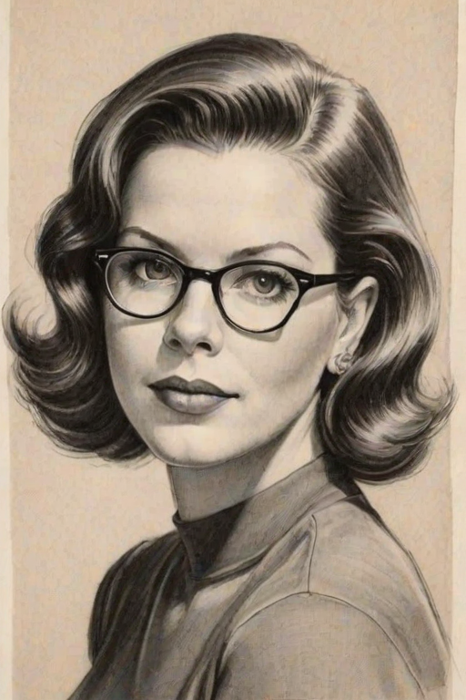 Splendid Marsha Gay Harden, pencil sketch, portrait of Bewitching woman 1931s in glasses, hair style beatnik, outline, clear lines, fine lines, 8k