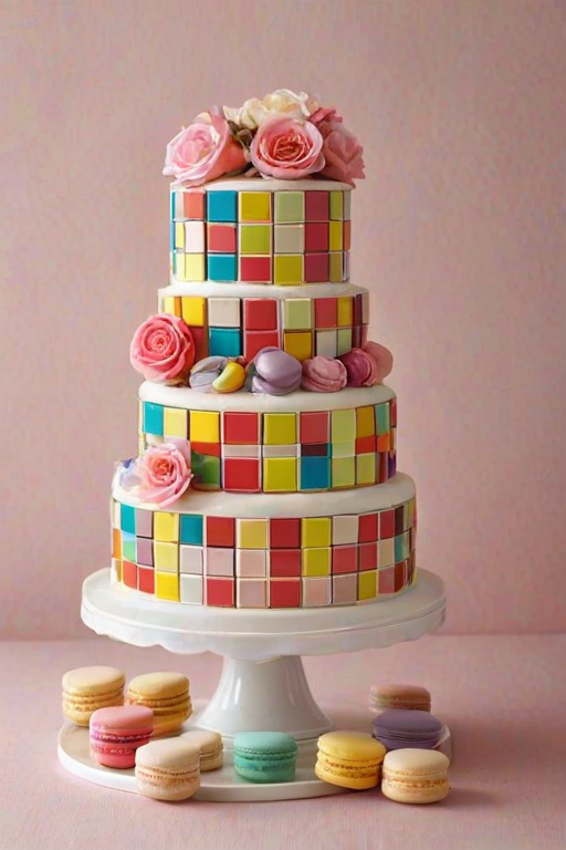 Create an image of a multi-tiered cake designed to resemble a Rubik's Cube. The cake should have a smooth finish with pastel colors, including pink, white, and gold. Decorate the cake with delicate macarons, edible flowers, and some textured elements. The overall look should be elegant and modern, with a clean and artistic presentation.