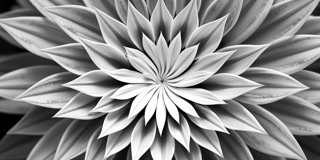 create a high-quality illustration of a spiral flower design with pointed petals, in a minimalist black and white style, using a Canon EOS R5 camera with a 50mm f/1.2 lens, f-stop set to 8, ISO 100, natural lighting and a top-down view for clarity.