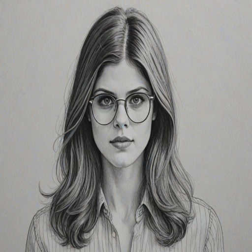 Gorgeous Alexandra Daddario, pencil sketch, portrait of Enchanting woman 1975s in glasses, hair style beatnik, outline, clear lines, fine lines, 8k