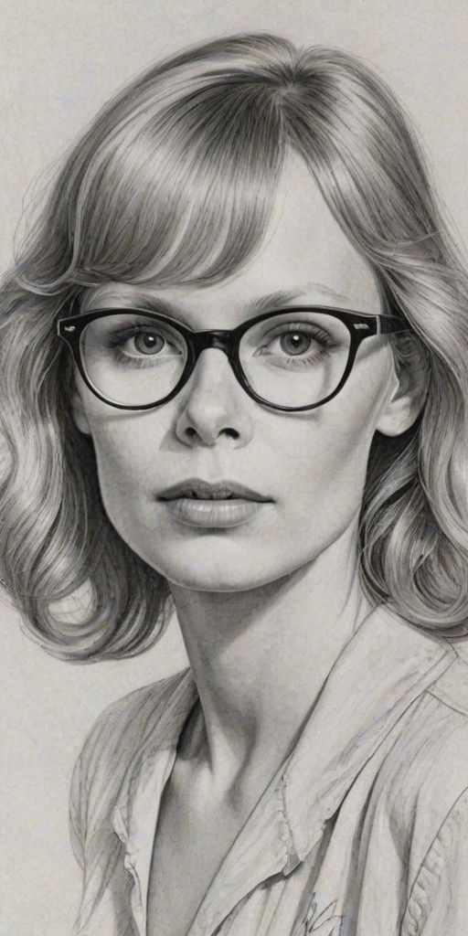 Graceful Mia Farrow, pencil sketch, portrait of Magnificent woman 1943s in glasses, hair style beatnik, outline, clear lines, fine lines, 8k