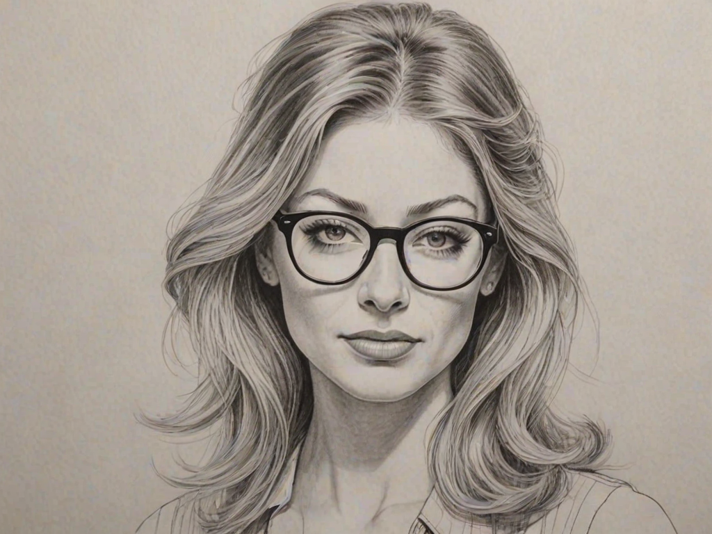 Alluring Rebecca Gayheart, pencil sketch, portrait of Splendid woman 1975s in glasses, hair style beatnik, outline, clear lines, fine lines, 8k