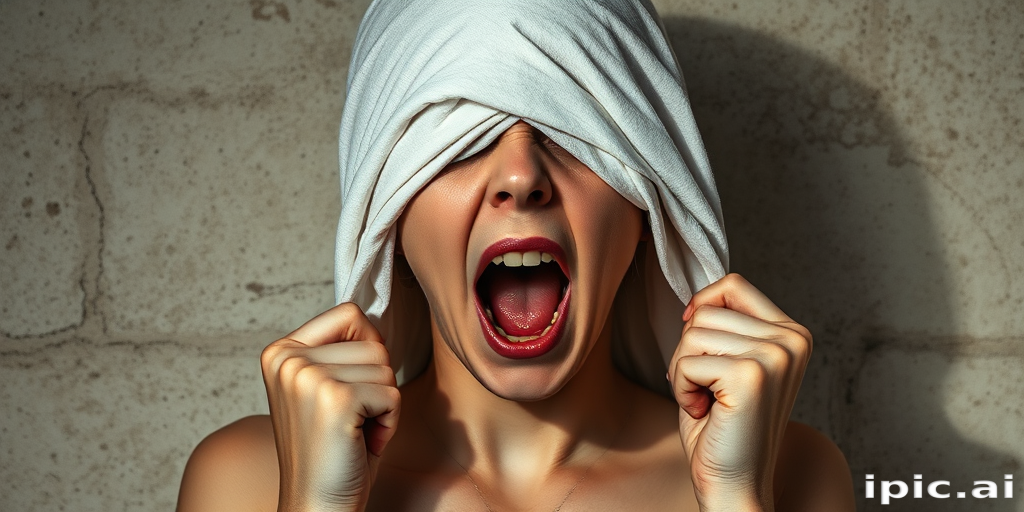 Create a close-up photographic image of the head and torso of a person with light skin tones shown against an old, worn wall. Their head is wrapped in a white cloth covering (i.e.... parts of the head except the nose and mouth, which are open as if they are screaming...), with a slight texture and visible folds in the fabric. Thin strands of blonde hair escape from the wrapping above, falling lightly at the top and sides. Their hands hold the fabric as if they are tugging nervously. The lighting is dramatic and even, casting strong shadows. The image has a minimalist and surreal style with an emphasis on simplicity with soft color tones. The composition is centered.