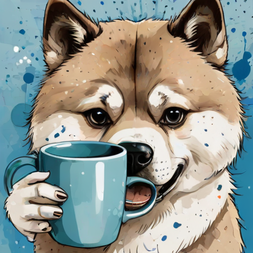 A quirky, artistic illustration of a disheveled akita pit dog breed with exaggerated, large eyes and spiky fur, holding a coffee mug that reads "Good Morning". The dog has a tired but humorous expression, with ink splatters and abstract details surrounding it, giving a whimsical feel to the image. The color palette is mostly monochrome with hints of blue in the eyes and steam rising from the mug, enhancing the overall sleepy vibe