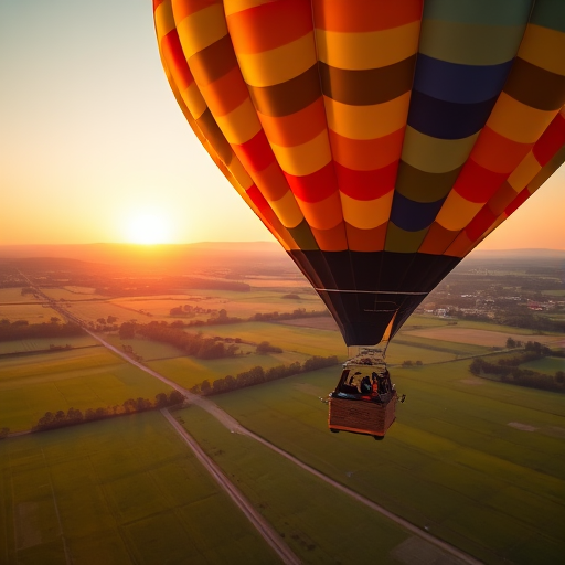 A vibrant hot air balloon in a multi-colored pattern soaring above lush green fields during a breathtaking sunrise, captured with a Canon EOS R5, 24mm lens, aperture f/8, ISO 100, shutter speed 1/200 sec, using a drone view for a dramatic aerial perspective.