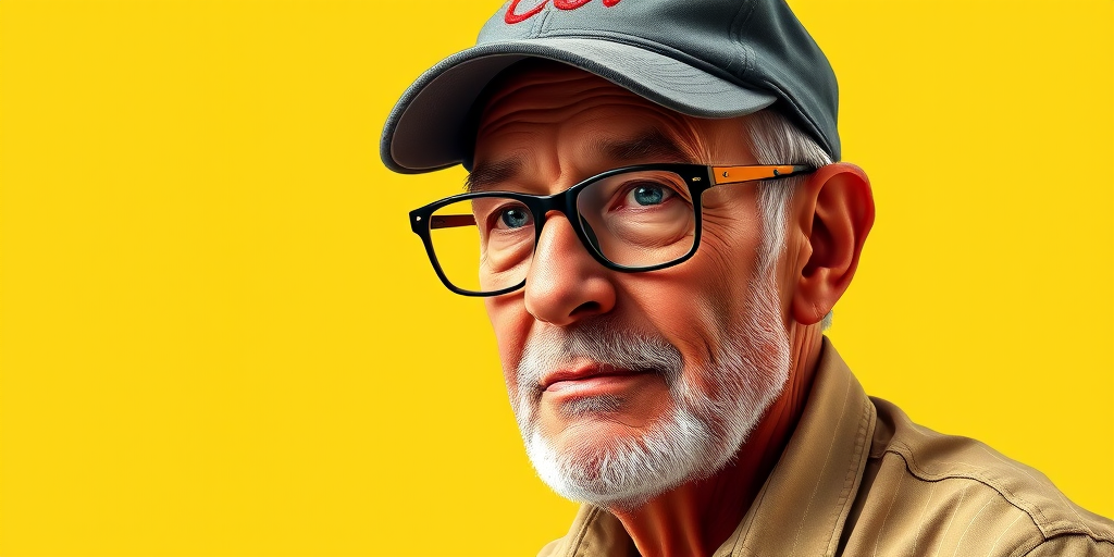 Create a detailed vector illustration of an older man with glasses and a cap, set against a bright yellow background, using a Canon EOS R5 with a 50mm lens at f/1.8, ISO 100, with a sharp focus and vibrant colors to enhance image quality.