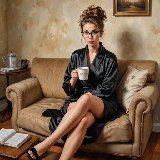 The words ‘Professional Overthinker’ (exact spelling) An exaggerated whimsical illustration of a cute silly lady with unruly messy brown bun and black glasses pouty lips and a thinking expression. Shes sitting on the couch, legs folded wearing a black silk robe, black fuzzy slippers. She’s holding her coffee cup and making a deep-in-thought face.  A quirky scruffy cat (dog) looking at her against a mottled, oil painting style soft background living room setting.