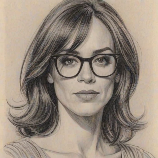 Stunning Maggie Siff, pencil sketch, portrait of Ravishing woman 1973s in glasses, hair style beatnik, outline, clear lines, fine lines, 8k