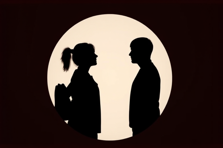 Generate two silhouettes of people in a circular format with a plain background, using a DSLR camera with a 50mm lens at f/1.8, ISO 100, aperture priority mode, and a soft focus style for enhanced image quality.