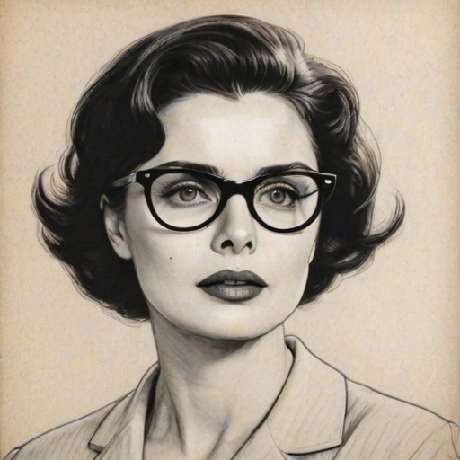 Pleasing Isabella Rossellini, pencil sketch, portrait of Bewitching woman 1950s in glasses, hair style beatnik, outline, clear lines, fine lines, 8k