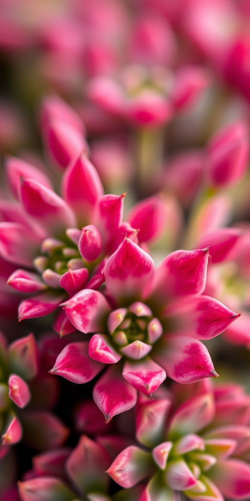 Close-up of succulent flowers with vibrant pink hues against a blurred green background, shot with a macro lens at f/2.8 for a shallow depth of field, 1/200 second shutter speed, ISO 100, natural light, using a DSLR camera.