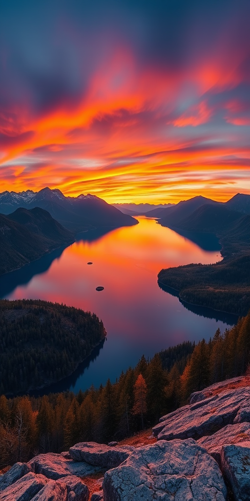 Generate a high-resolution image of a serene landscape featuring a calm lake surrounded by mountains during sunset with vibrant colors, captured using a DSLR camera with a 50mm lens, aperture f/1.8, ISO 200, and at a slightly elevated angle for a panoramic view.