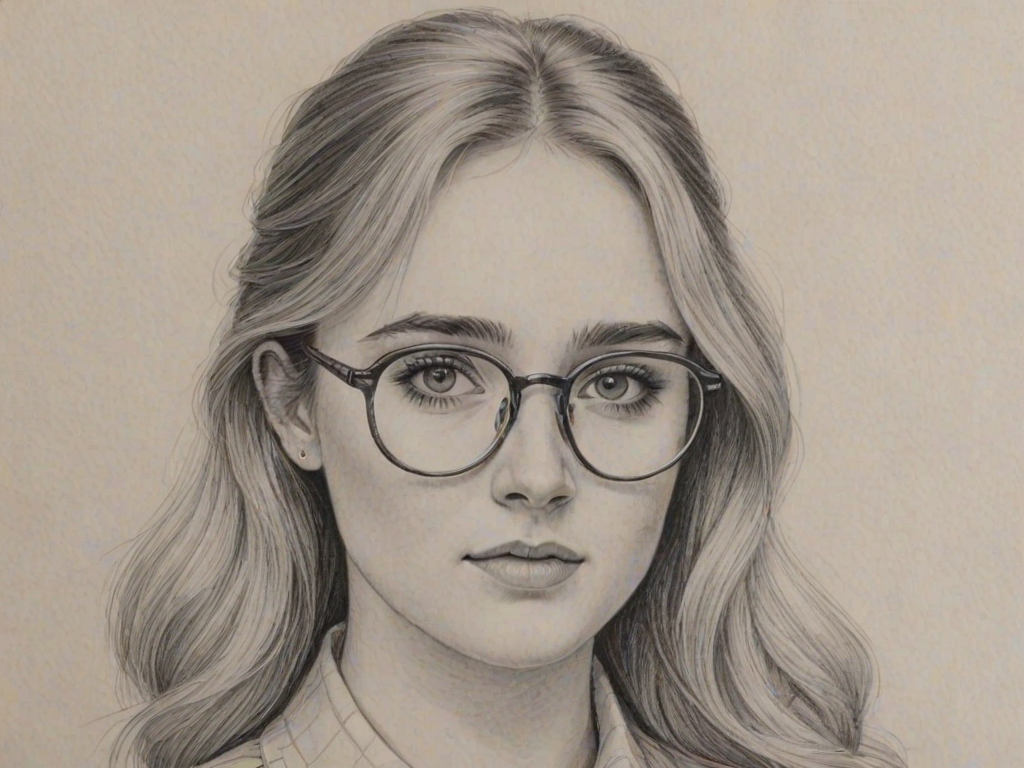 Delightful Kathryn Newton, pencil sketch, portrait of Splendid woman 1975s in glasses, hair style beatnik, outline, clear lines, fine lines, 8k