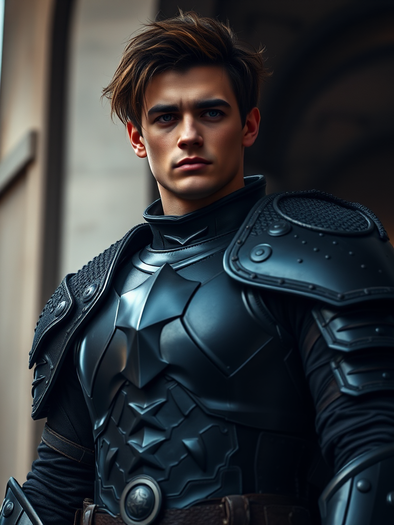 Generate a high-quality image of a character in dark armor with a textured shoulder piece, standing confidently; use a DSLR camera with a 50mm lens, aperture f/1.8, ISO 100, and a three-point lighting setup for dramatic effect, shot from a low angle to emphasize height.