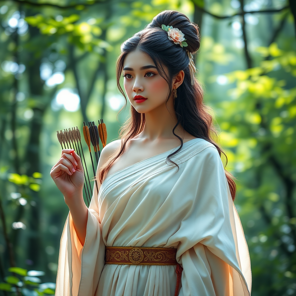 Create a portrait of a goddess-like Chinese girl figure in a tranquil, forested environment. She has an elegant appearance with long, wavy hair styled in an updo and adorned with a delicate, floral headband. She wears a flowing, ancient Greek-inspired gown in a soft, pale color, featuring a one-shoulder design and draped fabric that accentuates her graceful form. The outfit includes a decorative belt with ornate gold detailing, and she holds a bow in her hand, with a quiver of arrows slung over her shoulder. The background depicts lush greenery, with sunlight filtering through the trees, casting a gentle, ethereal light on the scene. Her expression is calm and contemplative, embodying a sense of wisdom and serenity.