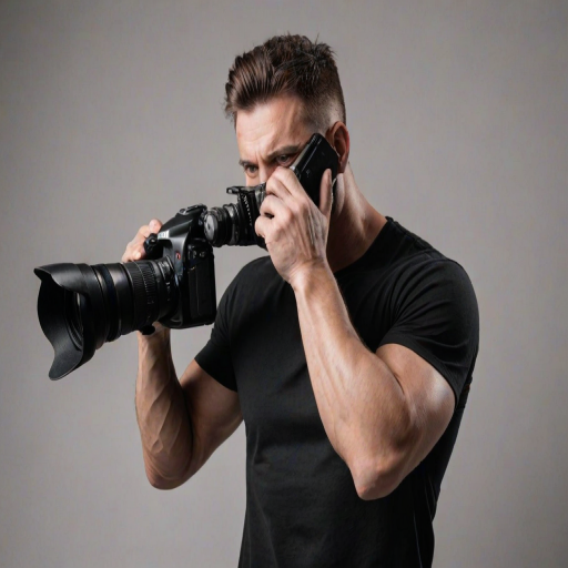 A muscular man in a black t-shirt holding a camera up to his face in a dramatic monochrome studio setting.
