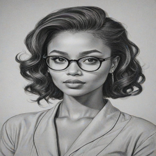 Stunning Katerina Graham, pencil sketch, portrait of Elegant woman 1953s in glasses, hair style beatnik, outline, clear lines, fine lines, 8k