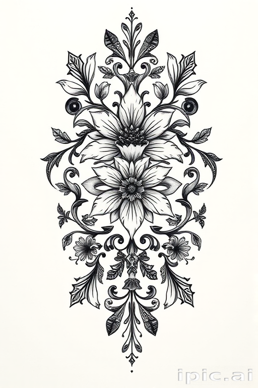 Blackwork ornamental tattoo titled "Gothic Lace" featuring intricate floral and geometric patterns inspired by Victorian architecture with bold black lines and intricate details