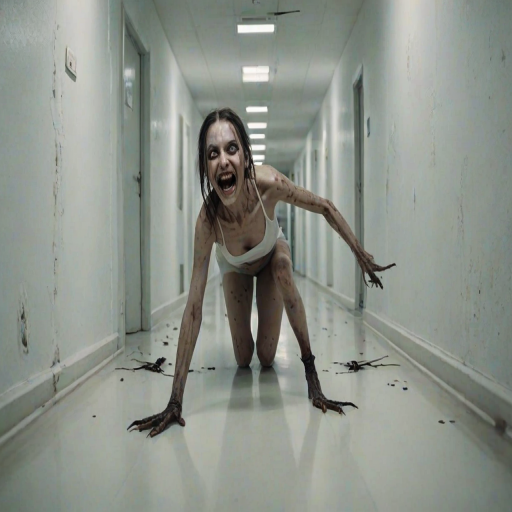 a crooked female with long arms and a creepy smile is crawling along a long white corridor and you can also see cockroaches in it there is a creepy atmosphere creepy art style