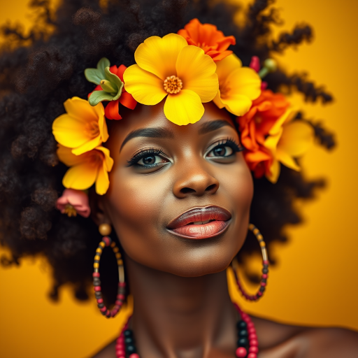 Create a vibrant portrait of a woman with an elaborate afro hairstyle adorned with flowers and beads against a bright yellow background, captured with a Canon EOS R5, 85mm lens, aperture f/1.8, ISO 100, soft lighting, shallow depth of field.