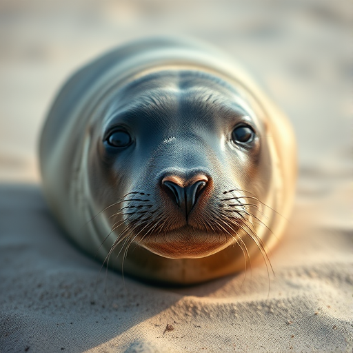 Regenerate a close-up image of a seal on a sandy beach with soft natural lighting, using a DSLR camera with a 50mm lens, aperture f/2.8, shutter speed 1/250 sec, ISO 100, and a shallow depth of field to emphasize the seal's features and textures.