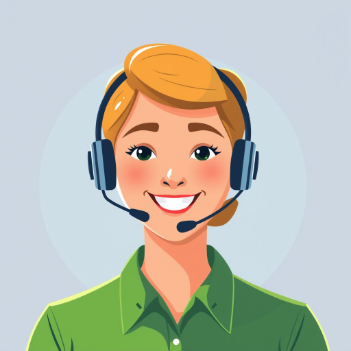 Create a vector graphic of a friendly customer support representative with a headset, simplified design, colorful attire with a green shirt, soft shadows and highlights, camera settings: ISO 100, aperture f/8, shutter speed 1/200 sec, top-down view, flat style, digital illustration.