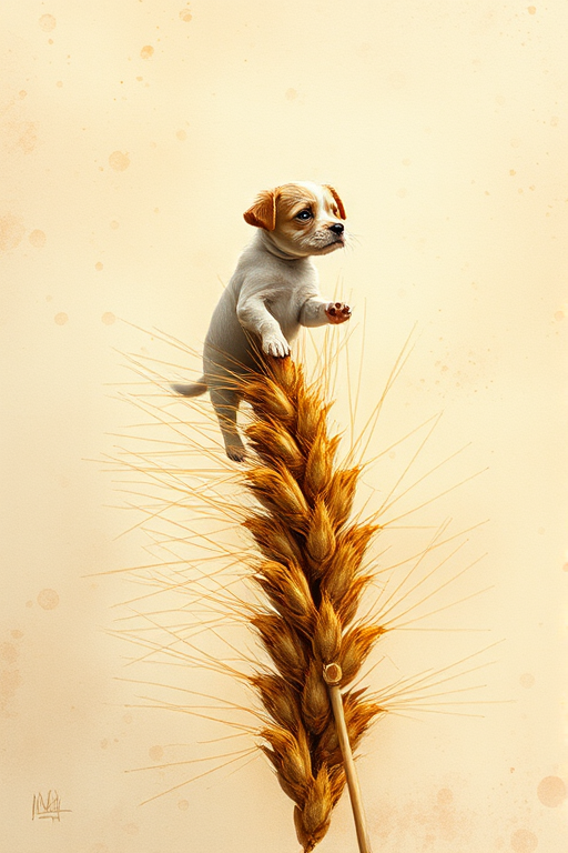Soft, muted Alcohol Ink with ebru effect background image of tiny whimsical dog, who climbed high on the top of a golden rye ear.
