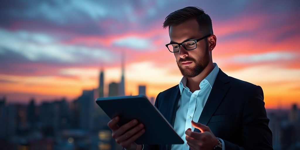 Create an image of a man in a sharp suit holding a glowing tablet, with a city skyline in the background at dusk, using a DSLR camera with a 50mm lens, aperture set to f/1.8, ISO 100, and a shutter speed of 1/200s, taken from a slightly low angle to enhance perspective and depth.