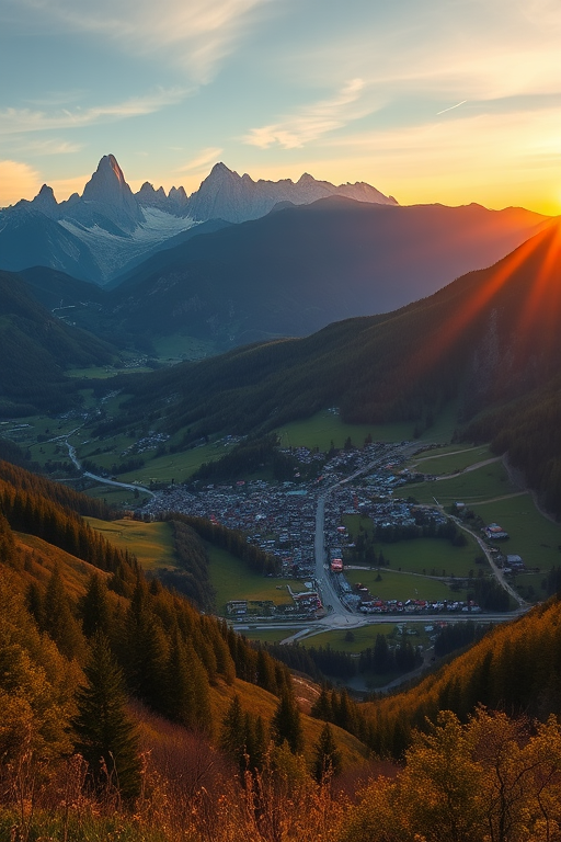 Regenerate an image of a scenic mountain landscape at sunset, showcasing a valley town nestled among lush green hills and towering peaks in the background, taken with a DSLR camera, aperture f/8, ISO 100, shutter speed 1/60s, focal length 24mm, captured in landscape orientation with a wide-angle lens.