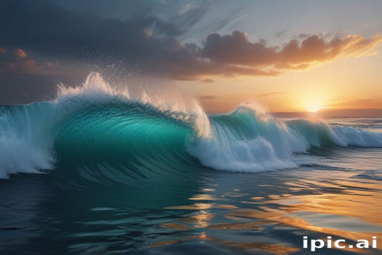 Majestic Ocean Waves Crashing Under a Vibrant Sunset Sky at Dusk