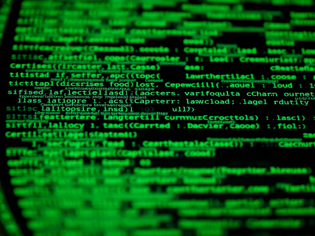 Generate a high-resolution image of digital computer code displayed in a green-on-black color scheme, using a Canon EOS R5 camera with a 50mm lens, aperture set at f/1.8, ISO 400, and a low-angle shot for depth enhancement.