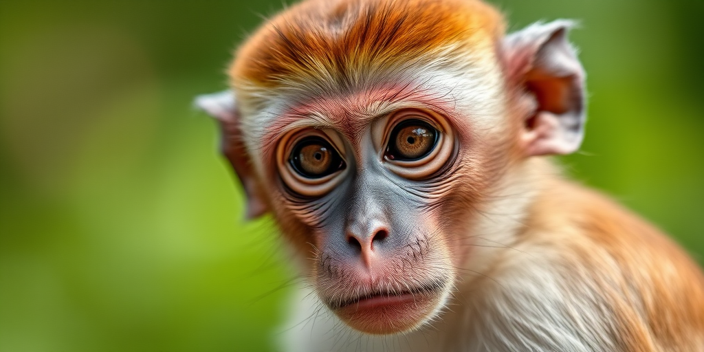 Capture a close-up portrait of a monkey with detailed facial features and a soft blurred green background, using a 50mm lens, aperture f/1.8, ISO 200, shutter speed 1/200s, in natural light, taken with a DSLR camera.