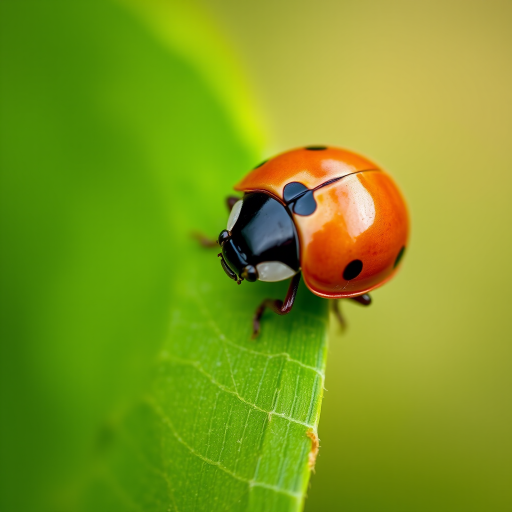 Capture a close-up of a ladybug on a green leaf with a shallow depth of field, using a DSLR camera, 100mm macro lens, aperture f/2.8, ISO 100, shutter speed 1/200s, natural light for enhanced detail and vibrant colors.
