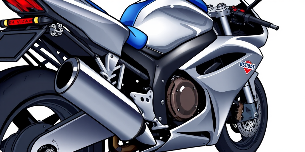 create a detailed illustration of a sleek, silver sports motorcycle with a modern design, showcasing its aerodynamic features, shiny chrome exhaust, and vibrant blue seat, against a plain white background