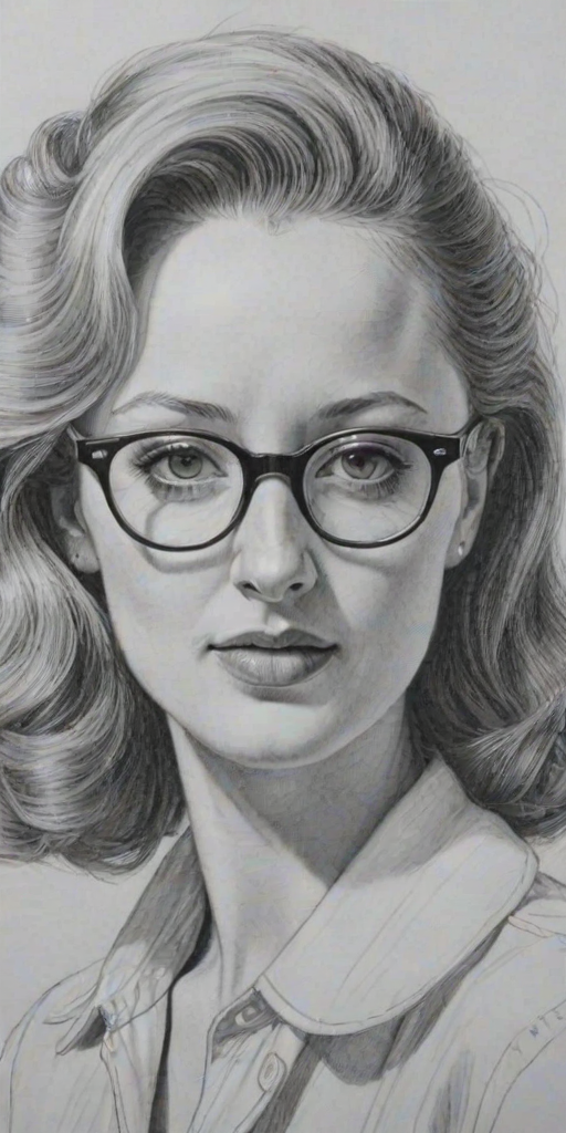 Wonderful Andrea Riseborough, pencil sketch, portrait of Comely woman 1940s in glasses, hair style beatnik, outline, clear lines, fine lines, 8k